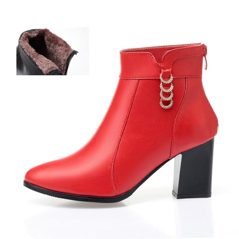 Women's Ankle Boots Genuine Leather Women's Fashion Boots Red Pointed Rhinestone Winter Boot 38 red