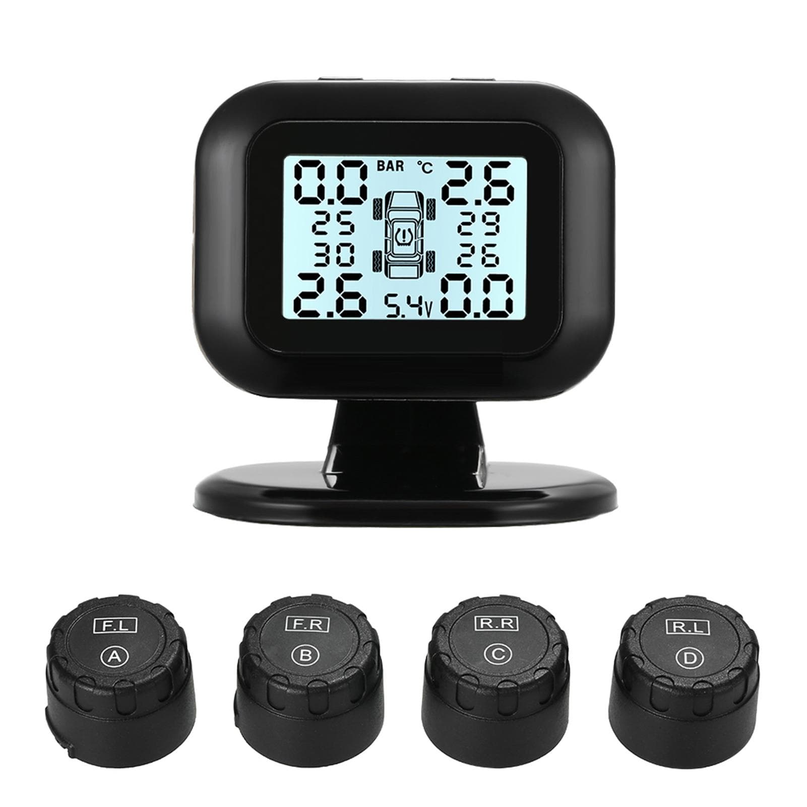 TPMS Tire Pressure Monitoring System Wireless Real-time LCD Display 4 External Sensors Alarm black