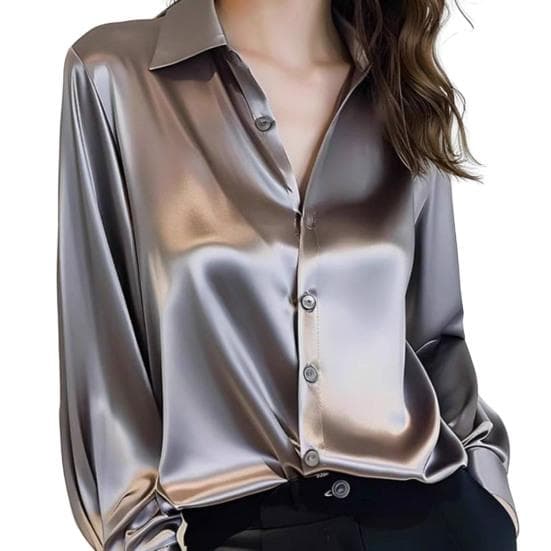 Women Shirt Solid Color Smooth Satin Long Sleeve Lapel Casual Tops Single Breasted M grey