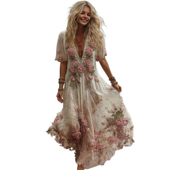 Women's Floral Print Maxi Dress Short Sleeve V Neck Swing Dress Boho Flowy A-Line Dress Casual Prom Party Wedding Guest Dress XXXL pink