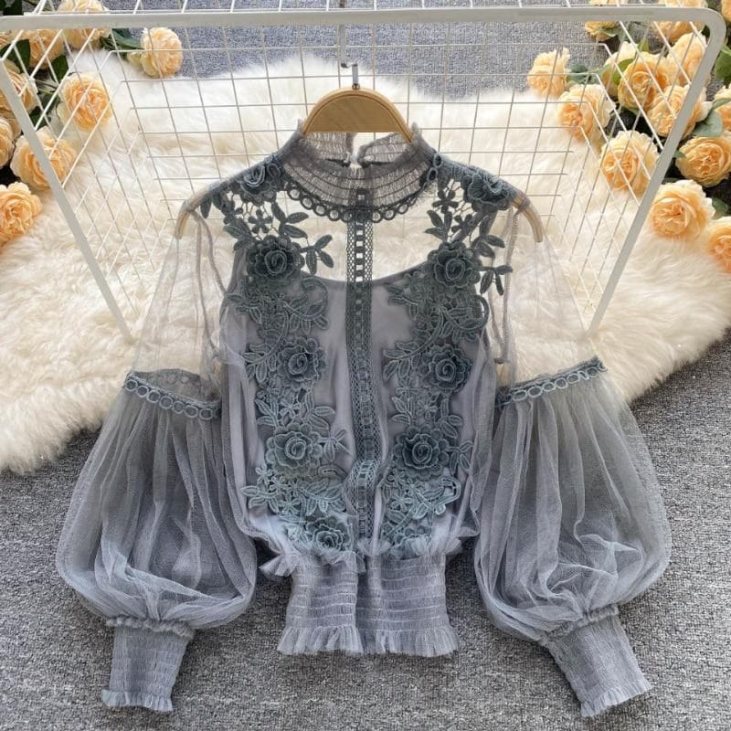Elegant Floral Mesh Long Sleeve Short Blouse Sweet Women Lantern Sleeve Lace Shirts Ladies See Through Mesh Blouse Tops 25914 One Size grey