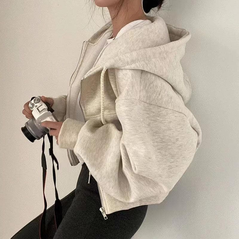 6 colors Solid Zip Up Drawstring Hoodie, Casual Long Sleeve Sweatshirt with Pocket, Women's Clothing L beige