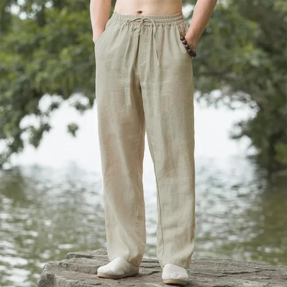 Men's Cotton Linen Pants Hawaiian Vacation Holiday Beach Trousers Breathable Streetwear Casual Pants Loose Men Bottoms M light khaki
