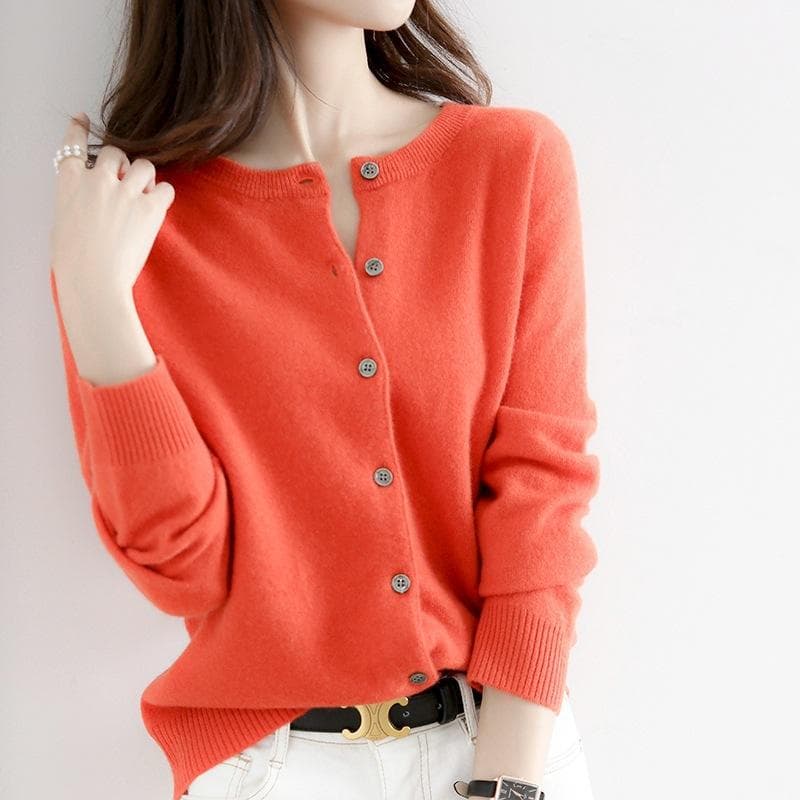 Spring and Autumn knitted sweater women's cardigan jacket solid color round neck Slim knitted outer sweater XL orange