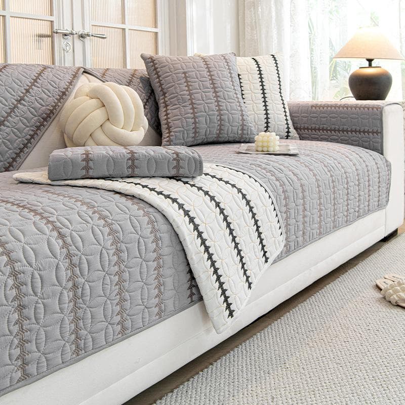 Washed Cotton Embroidered Stripe Sofa Mat Living Room Universal Sofa Slipcover Non-Slip Solid Color Couch Cushion Backrest Towel 70x70cm 1pcs