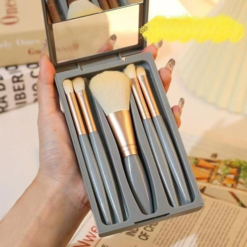 5-Piece Makeup Brush With Mirror Portable Box Eyeshadow Brush Loose Powder Brush Mini Multi-Function Full Set Of Beauty Brushes blue