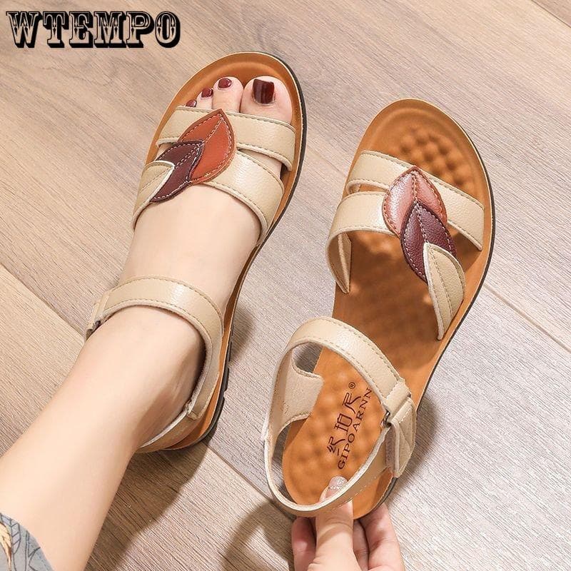 Women's Sandals Summer New Leather Soft Bottom Mom Shoes Middle-aged Flat Non-slip Shoes Comfortable Soft Bottom Simple Fashion Sandals | PU Material 40 red