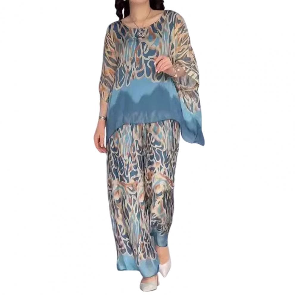 Fall Spring Women Outfit Stylish Women's T-shirt Pants Set with Colorblock Printing Dolman Sleeves Elastic Waist for Fashionable M blue