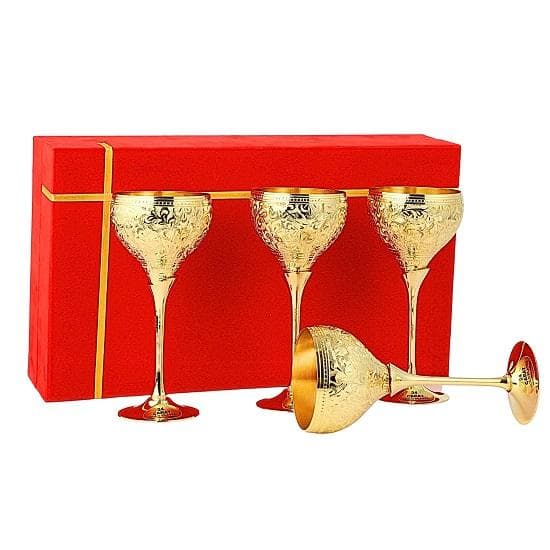 Gold Plated Brass Wine Glasses, Champagne Flutes, Diwali, Gift for Couple Marriage, Corporate Clients Set of 4 Saucer Design