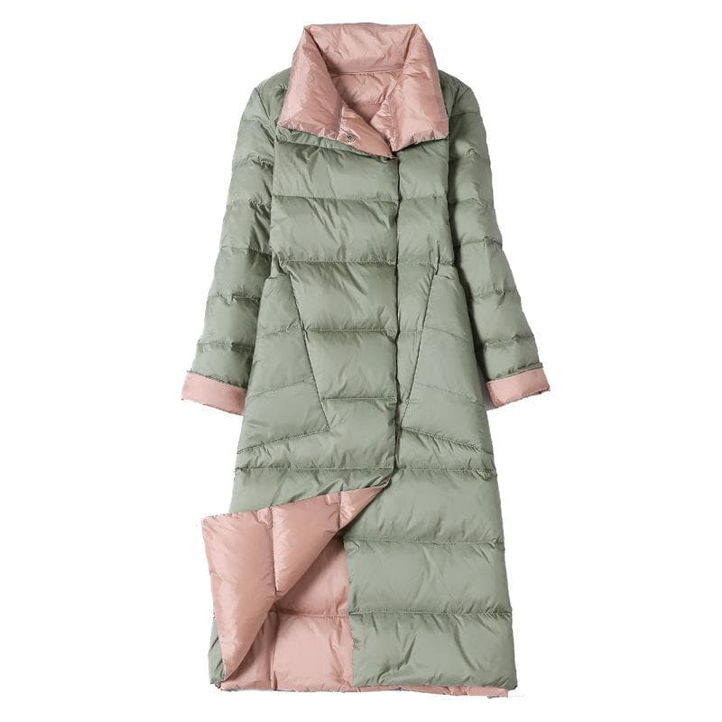 Double Sided Long Down Jacket Spring Autumn Turtleneck White Duck Down Warm Parkas XL green