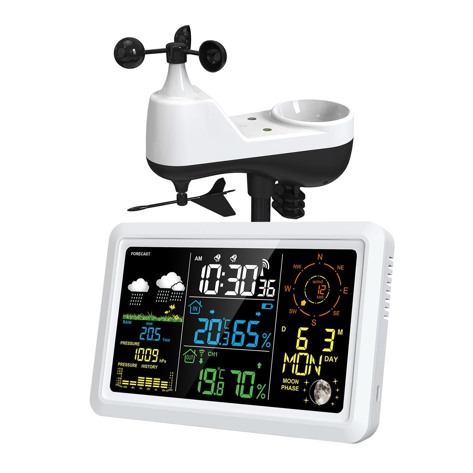 Weather Station with Outdoor Sensor Indoor Outdoor Thermometer with 7.5-inch VA LCD Screen Weather US Plug