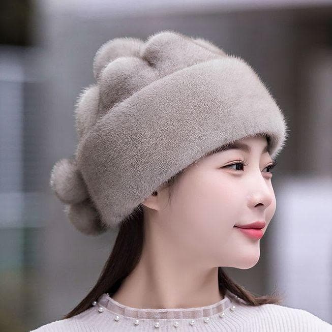 Hat Women's Winter Warm Mink Fur Grass Mink Fleece Cotton Hat one size silver gray