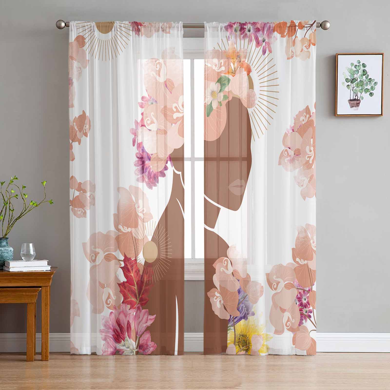 Bohemian Style Floral Plants Brown Tulle Window Curtains for Bedroom Luxury Home Decor Drapes in Living Room Chiffon Panels 135W x 114H(cm)