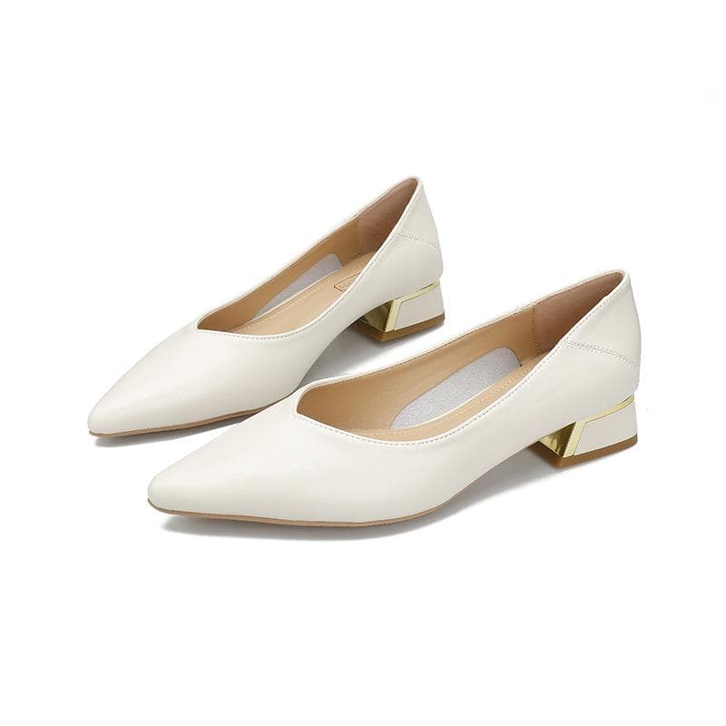 Leather Single Shoes Women's Thick Heel  Spring New Mid-heel Fashion Pointed-toed Women's Shoes Shallow Mouth Peas Shoes 40