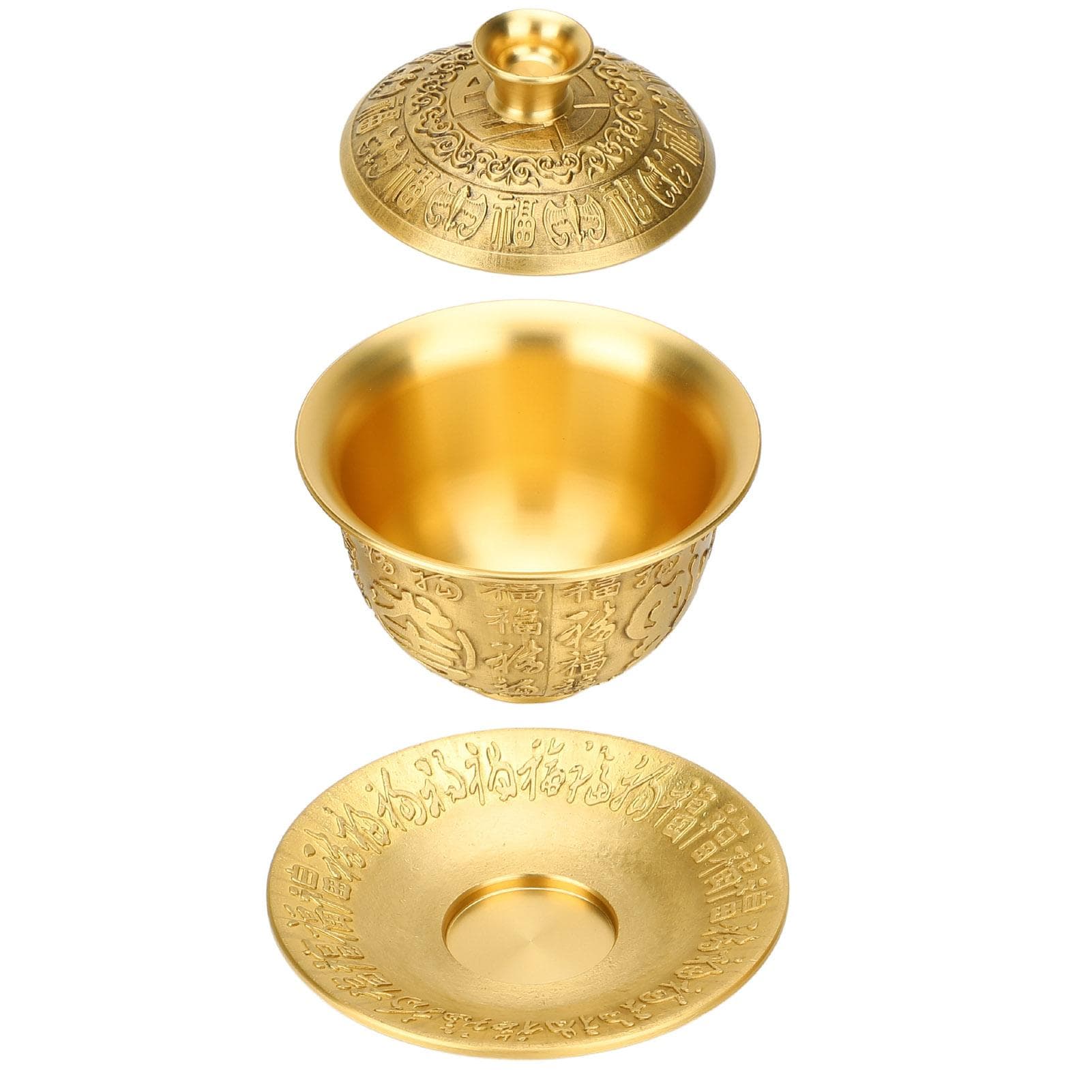 3 Pcs Set Chinese Tea Cup 300ML Brass Relief Fortune Pattern Tea Cup with Lid and Saucer