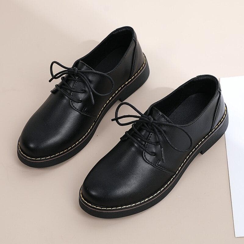 British Style Women Oxford Flats Shoes Leather Black Office Business Student Girl Shoes Lace Up 37