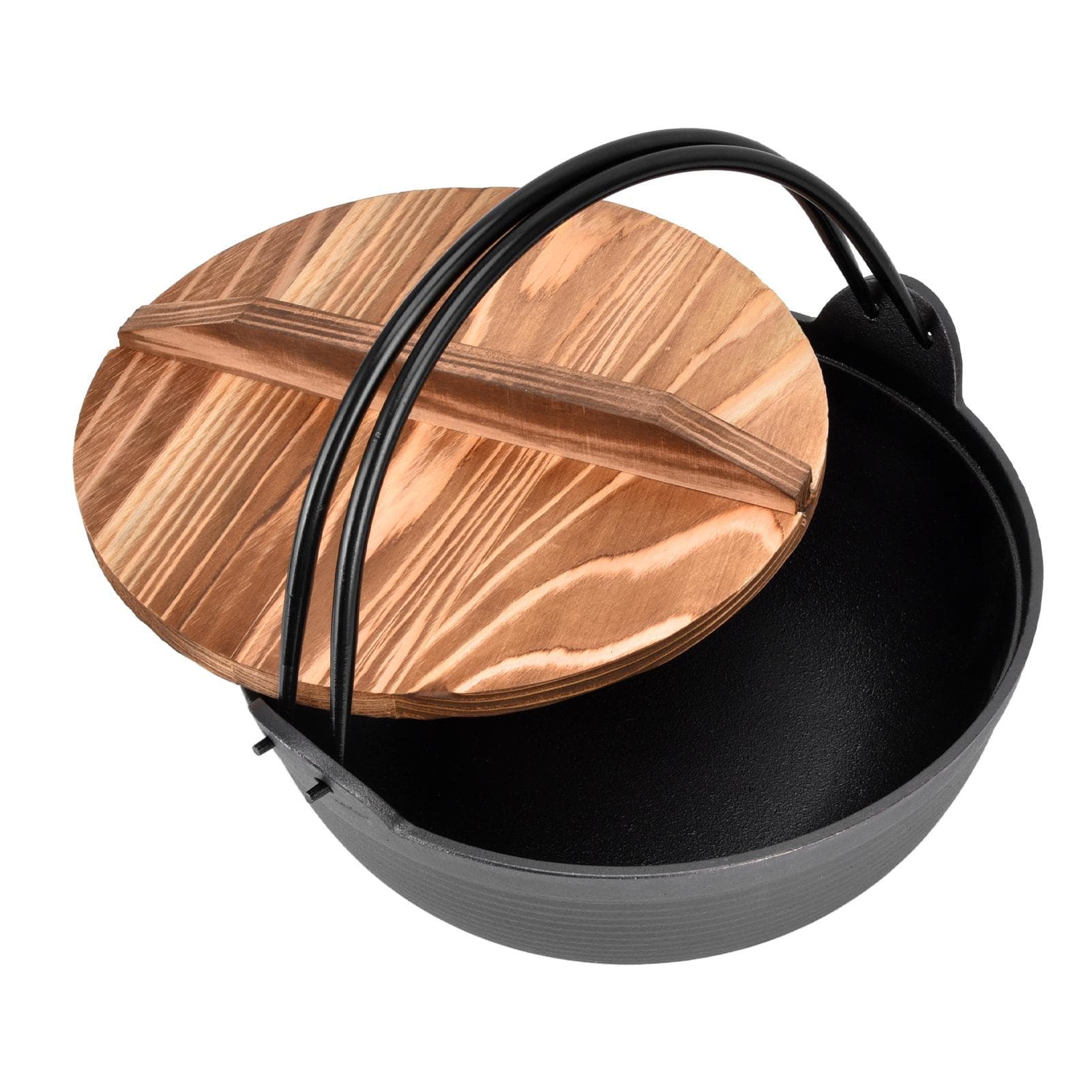 Sukiyaki Pot 9.8in Durable Sturdy Cast Iron Wooden Lid Nonstick Uniform Heating Wide Application L
