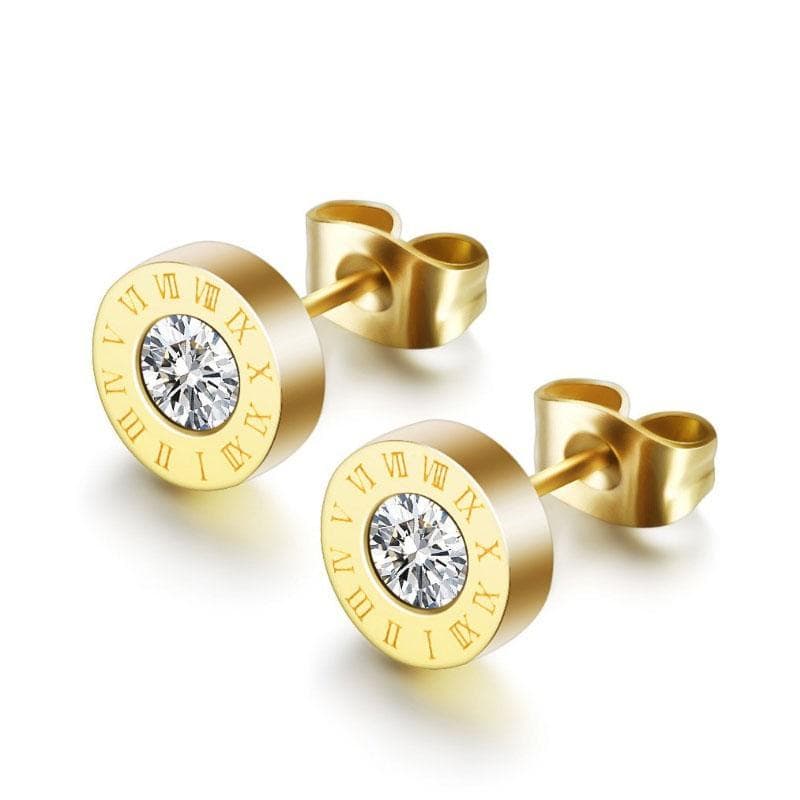 1 PAIR  Statement Earrings Stainless Steel Stud Earrings For Women Men Vintage Roman Numeral Crystal Small Earing Jewelry gold