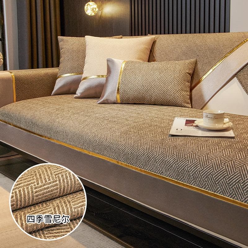 Chenille Sofa Cushion Golden Line Four Season Universal Sofa Protective Cover Towel Anti-slip Cushion For Living Room Decoration 70x70cm 1pcs