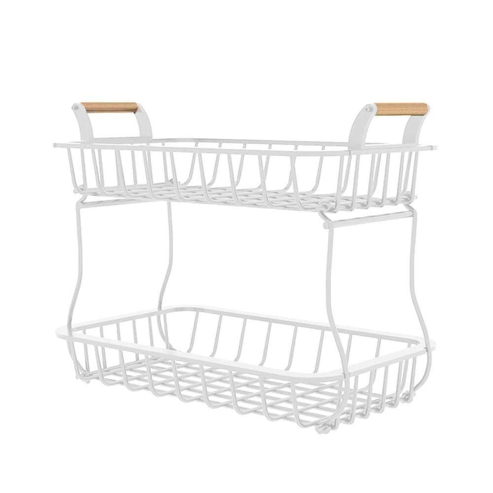 2 Tier Fruit Storage Basket Kitchen Countertop Organizer with Wooden Handle Mesh Carbon Steel Bowl white