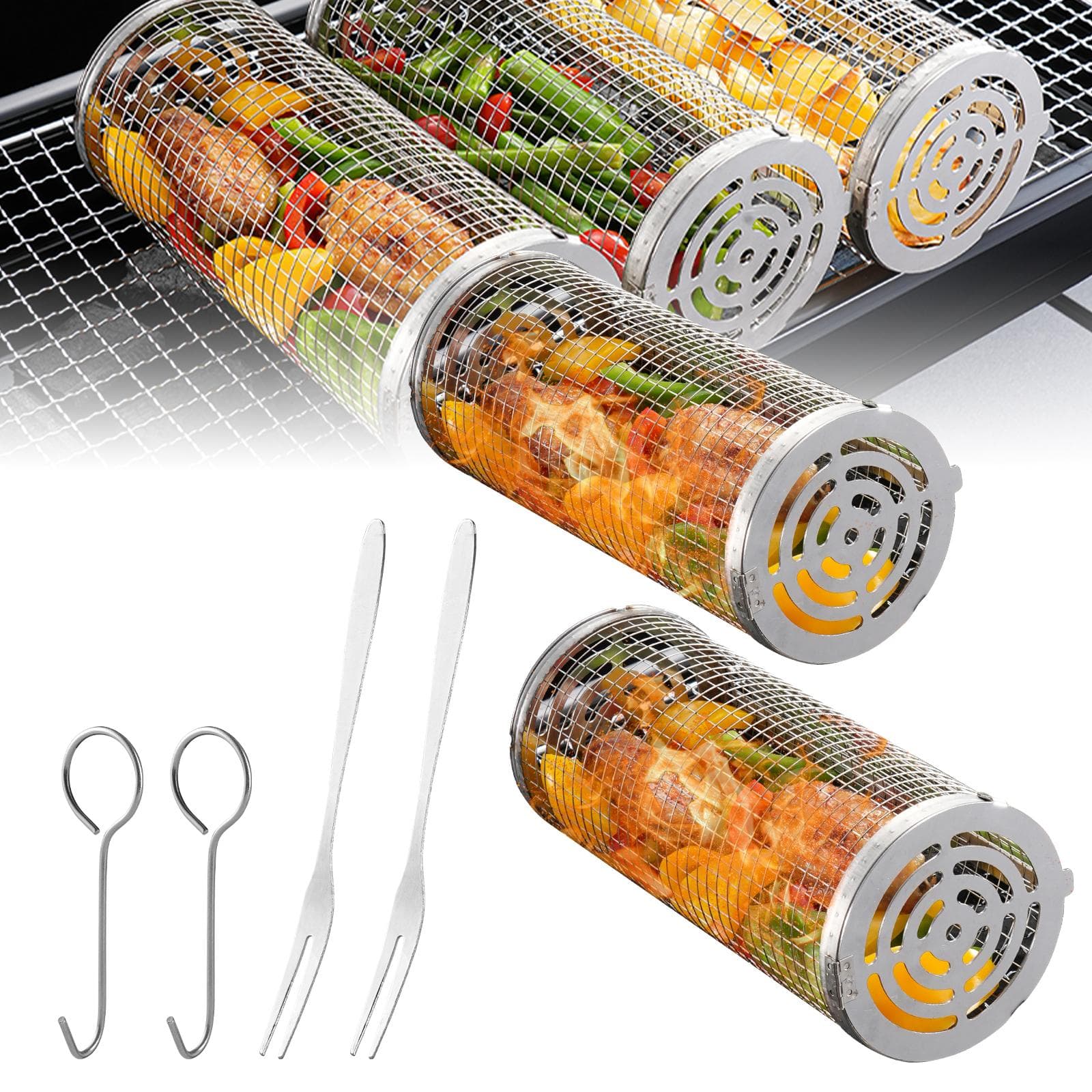 Rolling Grilling Baskets for Outdoor Grilling Set of 8 Stainless Steel Barbecue Accessories Small silver