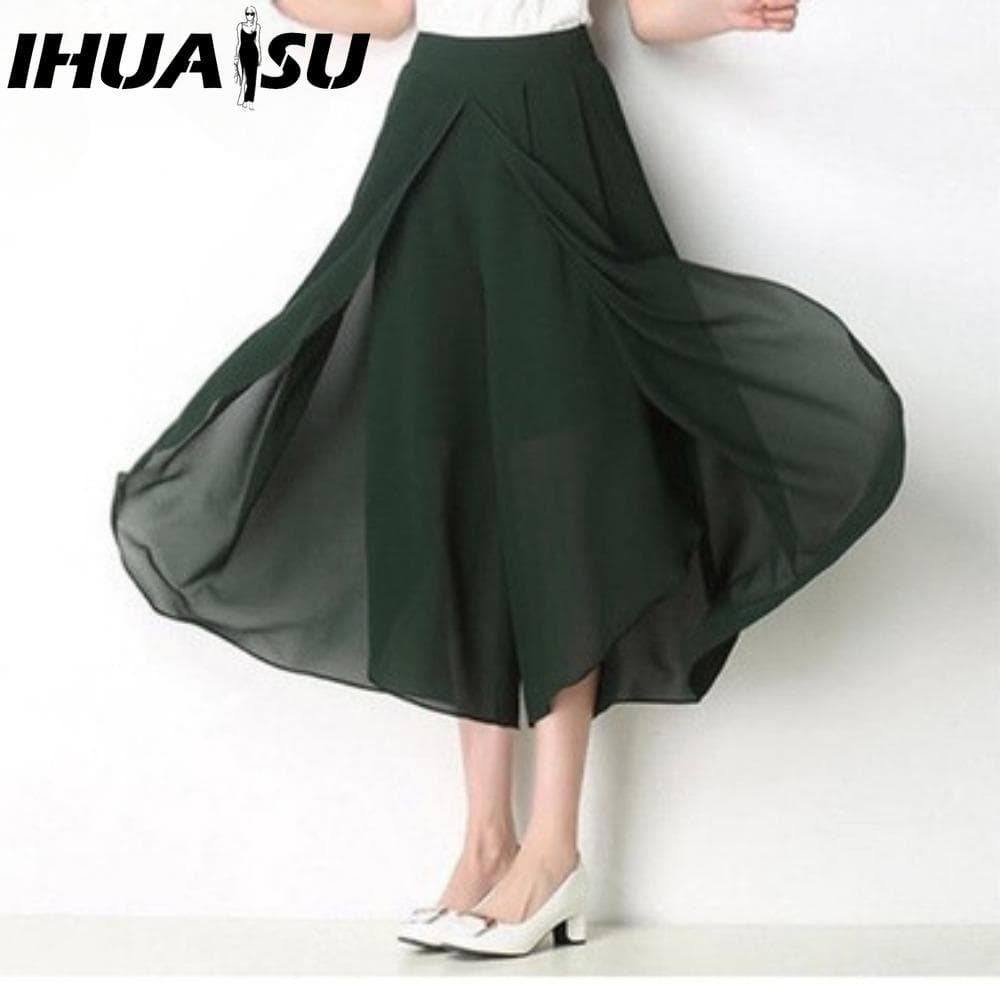 IHUASU 4 color Summer Pants Loose Women Ankle Length Trousers High Waist Chiffon Skirt Wide Leg Trousers Plus Size Pants XXXXXL green
