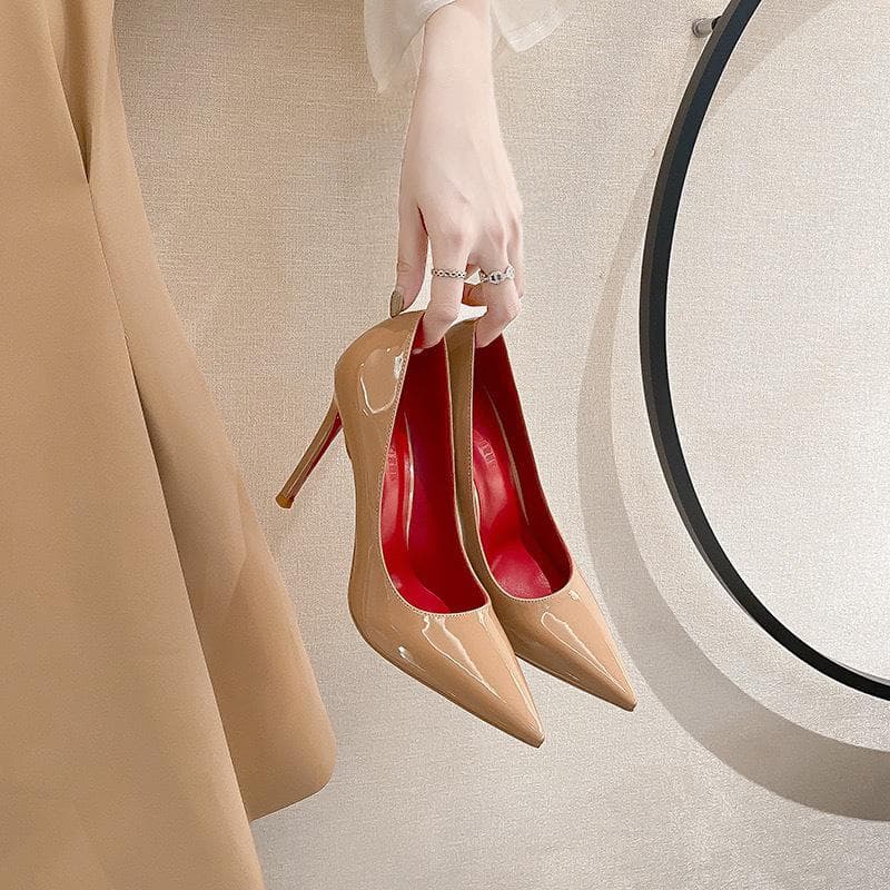 Black red sole patent leather pointed head sexy professional work single shoes women's thin heel 2025 spring and autumn new high heels women 38 apricot