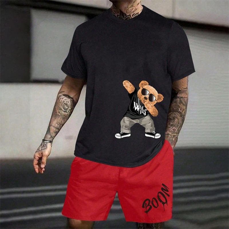 2025 Fun Bear Harajuku T-Shirt Men's Summer Loose Daily Couple Suit Outdoor Street Short Sleeve Shorts Two Piece Men Summer Suit XL