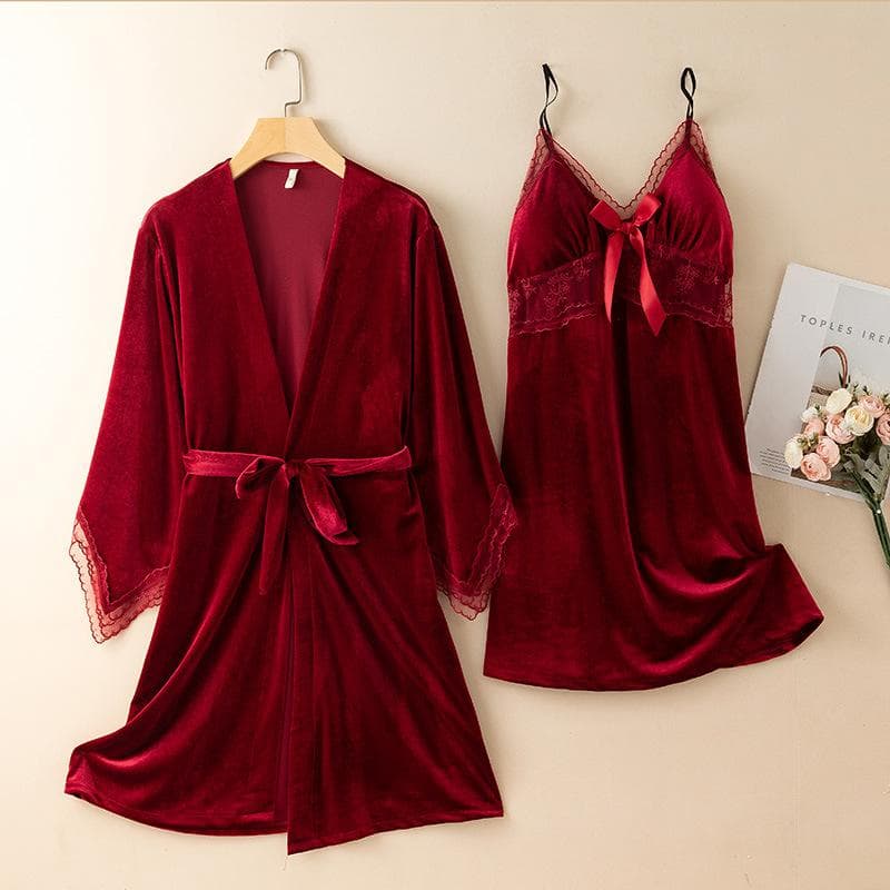 New Autumn Velvet Pajamas Two-piece Robe Set Feminine Lace See-through Robe Bathrobe Casual Velvet Home Clothes XL