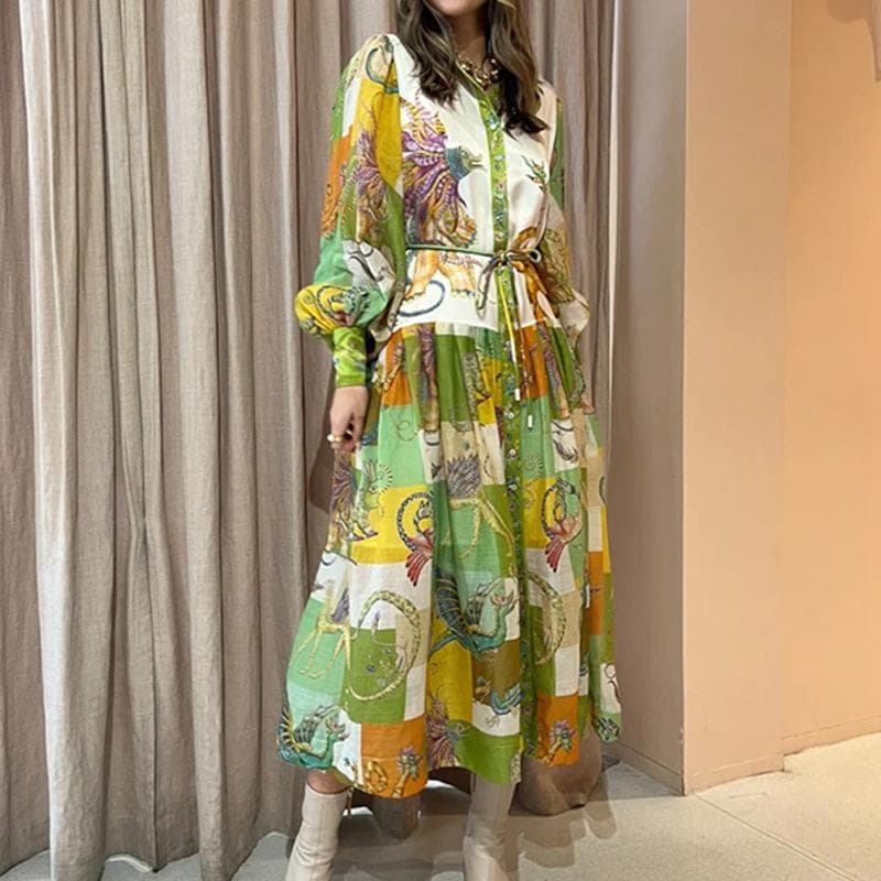 Women's Lantern Sleeve Printed Lapel Waist Long Sleeves Spring Dress for Women XL