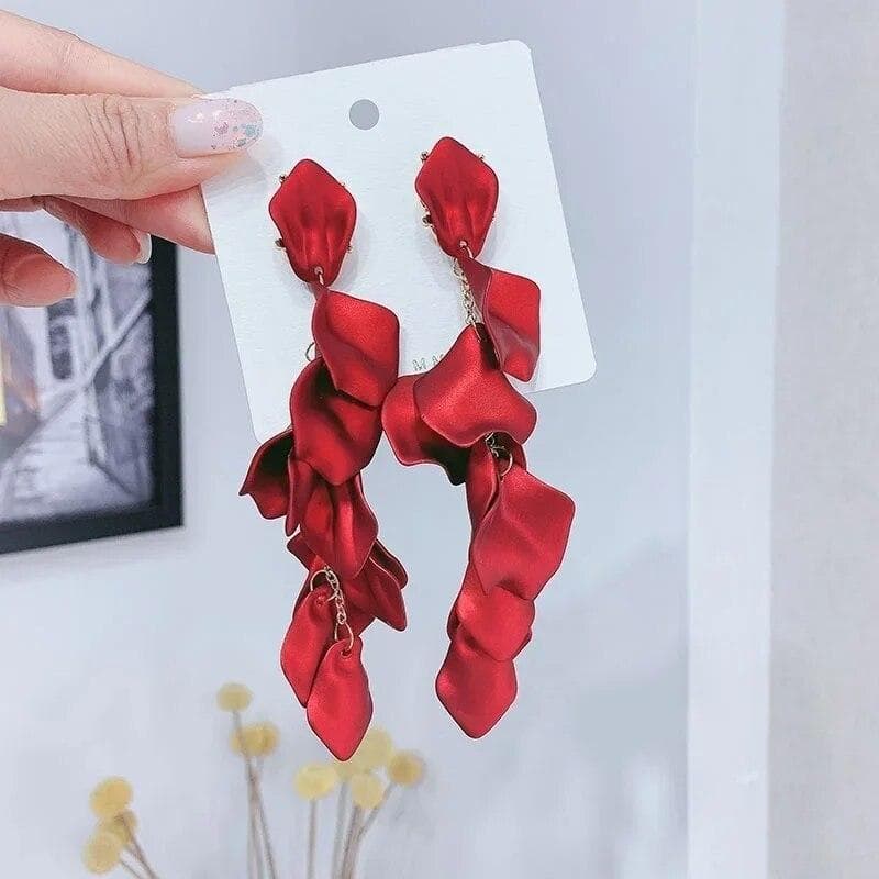 Delysia King Women Rose Flower Long Tassel Earrings Elegant Temperament Simulation Red Eardrop Best Friend Gift red
