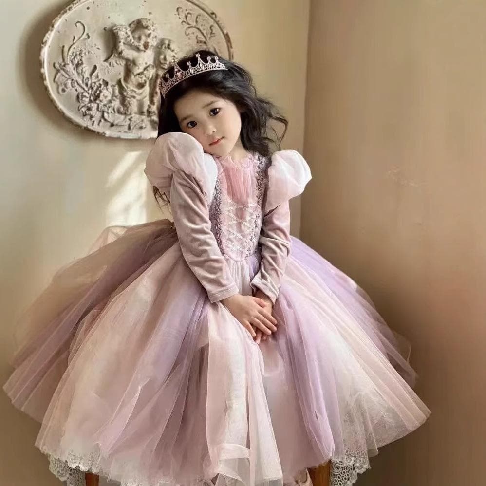 Luxurious Velvet Princess Rapunzel Puff Sleeve Dress for Girls - Autumn/Winter 90 cm