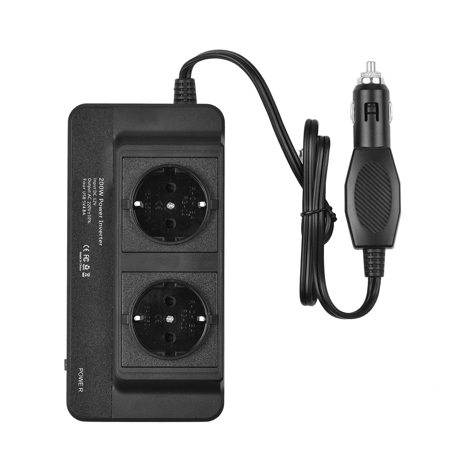200W Car Power Inverter DC 12V to AC 220V Converter with 2 AC Outlets 4 USB Ports On/ Off Switch EU Plug black