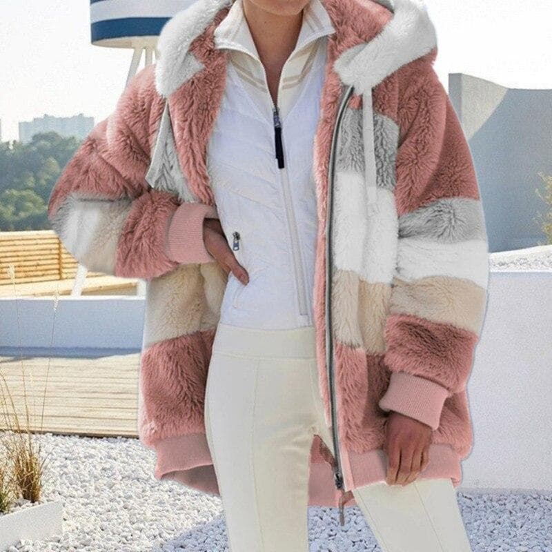 Winter Women's Fashion Hooded Warm Loose Jacket for Women Patchwork Outerwear Zipper Ladies Plus Size Sweaters XXXXXL pink
