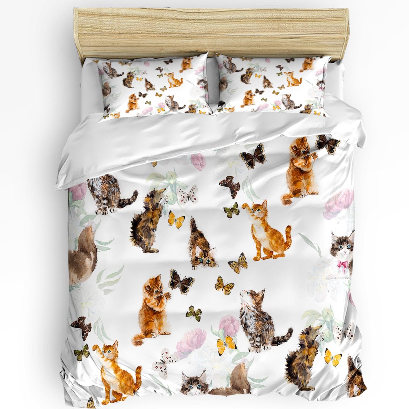 Kawaii Colorful Cat White Duvet Cover Bed Bedding Set Home Textile Quilt Cover Pillowcases Bedroom Double Bedding Set No Sheet EU single(135x200cm)