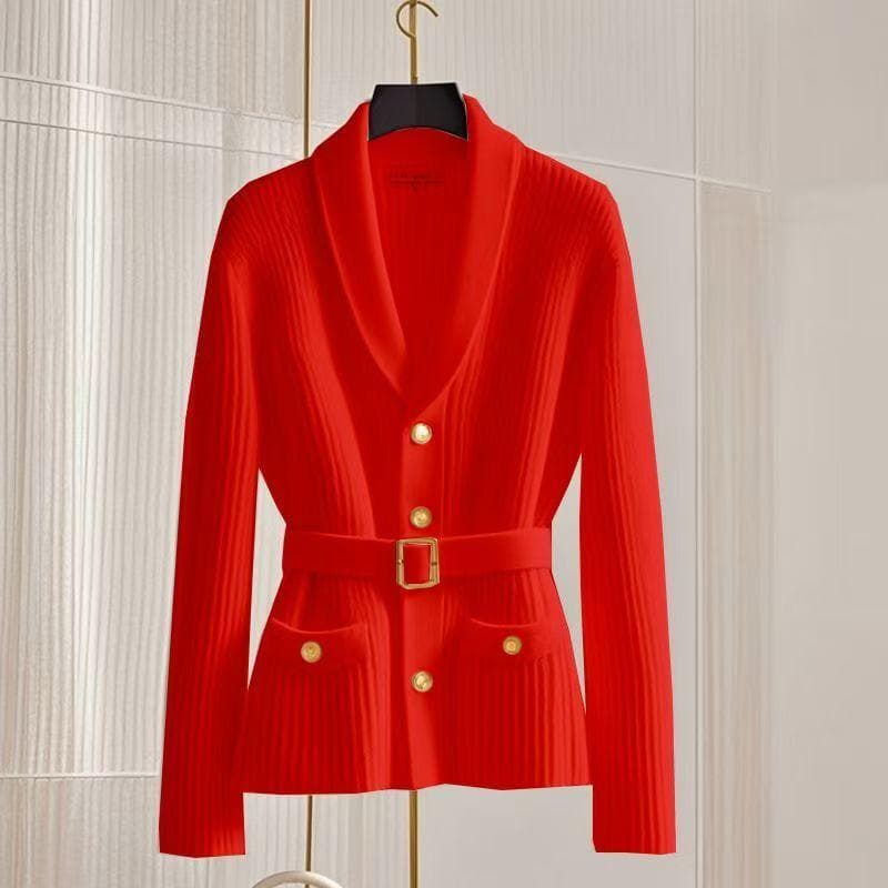 Fashion Women V-Neck Cardigan Sweaters Jacket Women's Autumn New Elegant Casual Coat Female Long Slim Knitted Ladies S red