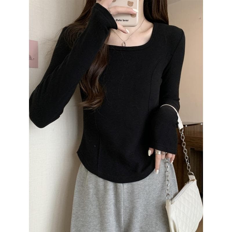 Long-sleeved Base Shirt for Women with Autumn and Winter New Design Unique Fish Bone Top Pure Cotton Slim T-shirt for Women XXL