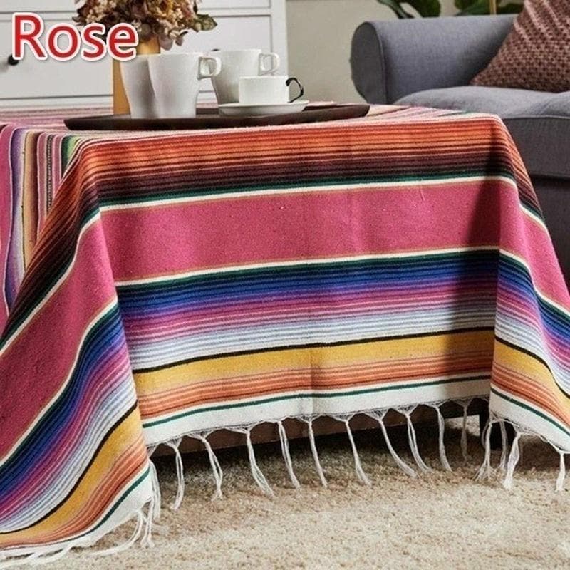 New 8 Color Mexican Stripe Outdoor Cotton Blanket Rainbow Beach Blanket Mattress with Tassel Bed Travel Picnic Rug Sofa Cover 35 x 215cm rose red
