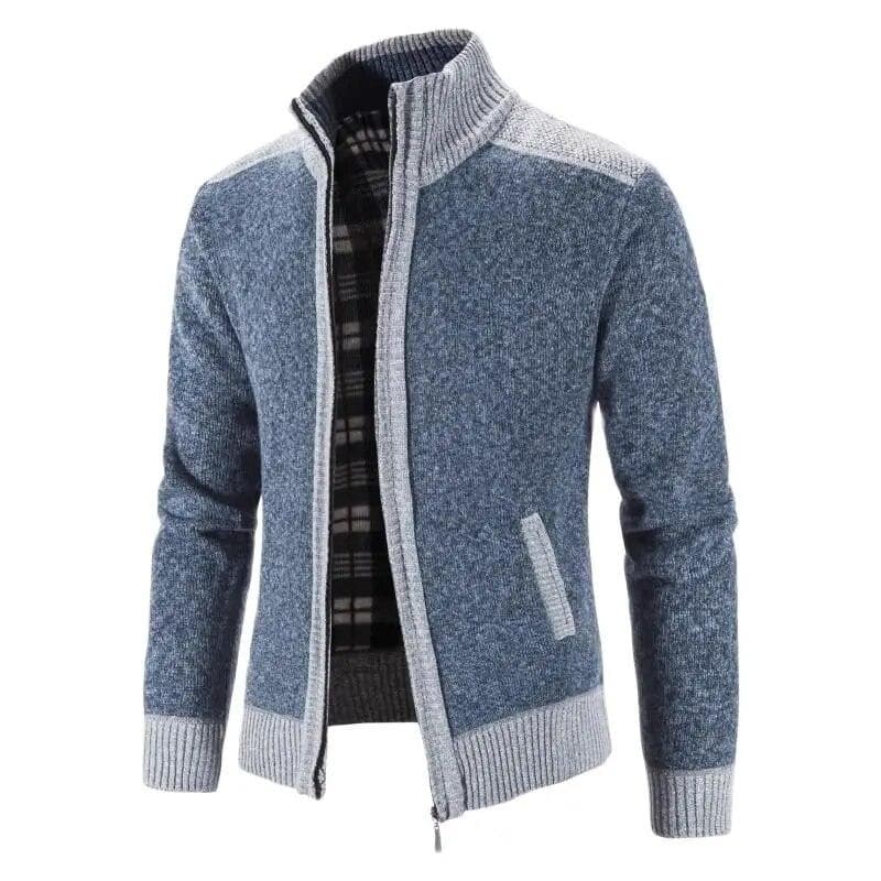 New Winter Men's Patchwork Jacket Knitted Coat Fashion Cardigan Outerwear Long Sleeves Casual Thick Slim Warm Zipper Coats M blue