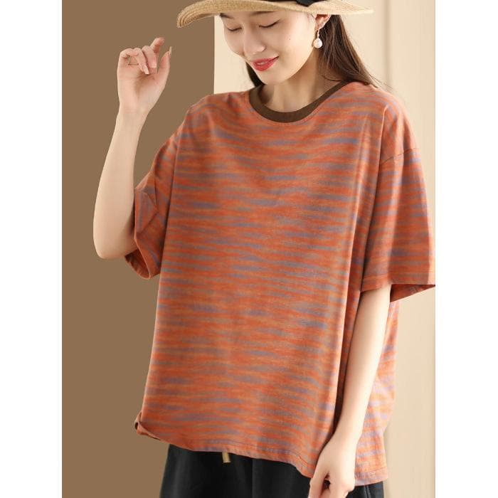 New Style of Literary Retro Women's Short-sleeved T-shirt In Summer Loose Pullover Striped Versatile Casual Belly Covering Top 5XL orange