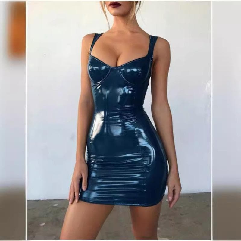 Women's Summer Sleeveless Strap Club Party Plus Size Solid Leather Bodycon Mini Dress clothes sale M navy blue