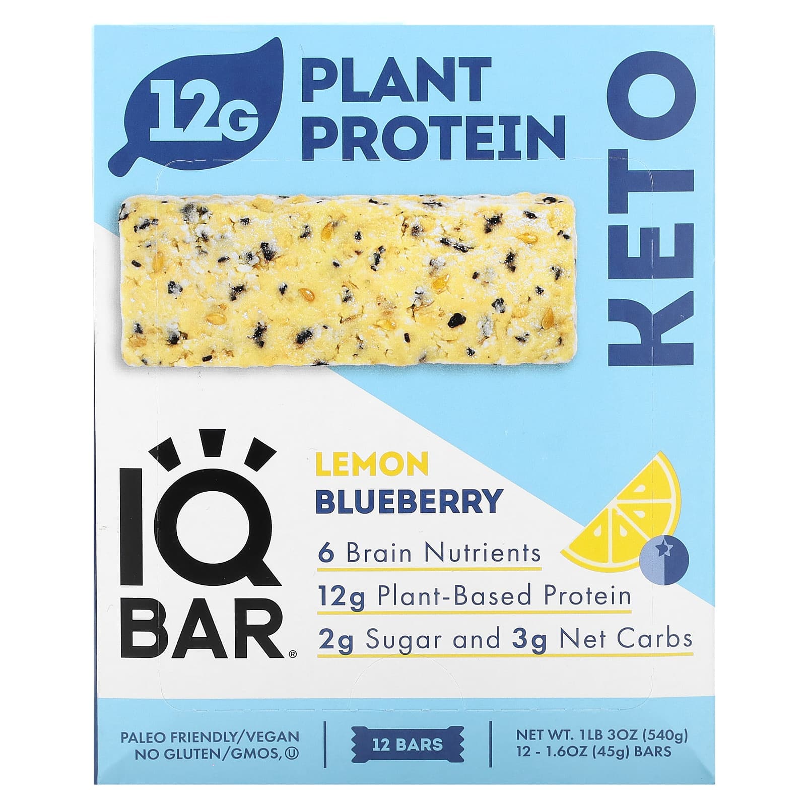 IQBAR, Plant Protein Bar, Lemon Blueberry, 12 bars, 45g (1.6oz) each