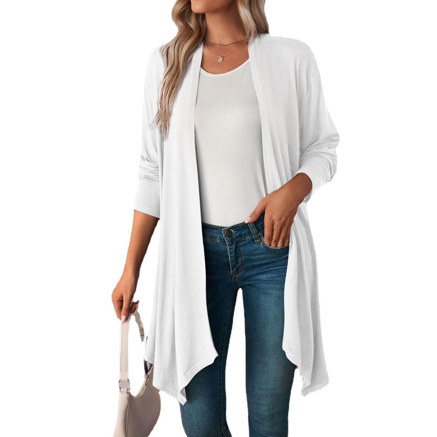 Spring Autumn Women's Cardigan Solid Color Long Sleeve Cardigan Coat Long Style Tops Female M white
