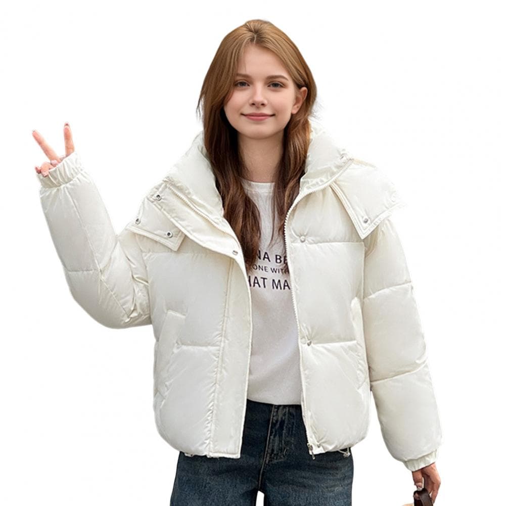Winter Women Cotton Jacket Stand Collar with Hood Neck Short Type Pockets Zipper Closure Padded Coat Solid Color Wind M white