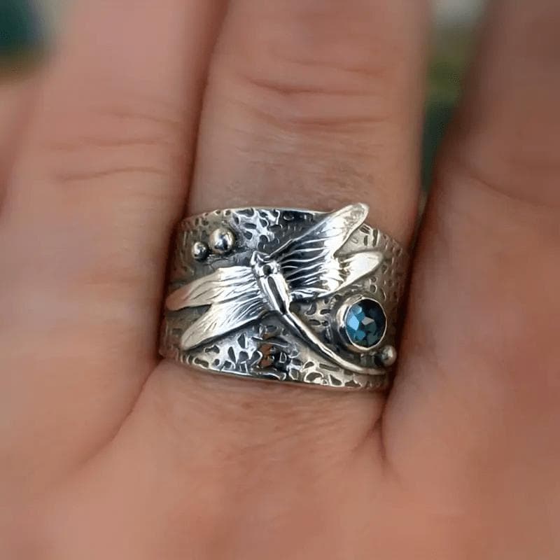 Exquisite Dragonfly Retro Wide Ring, Natural Stone Inlay, Tungsten Steel, Bohemian Style, Dainty Party Accessory for Daily Use, with Blue Gemstone KTJ 11