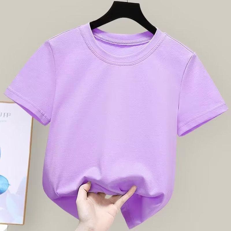 Kids Cotton T-Shirt Summer Short Sleeve Plain Color Basic Casual Childrens Clothing 3-8 Years A-Class Quality Simple Design 120 purple