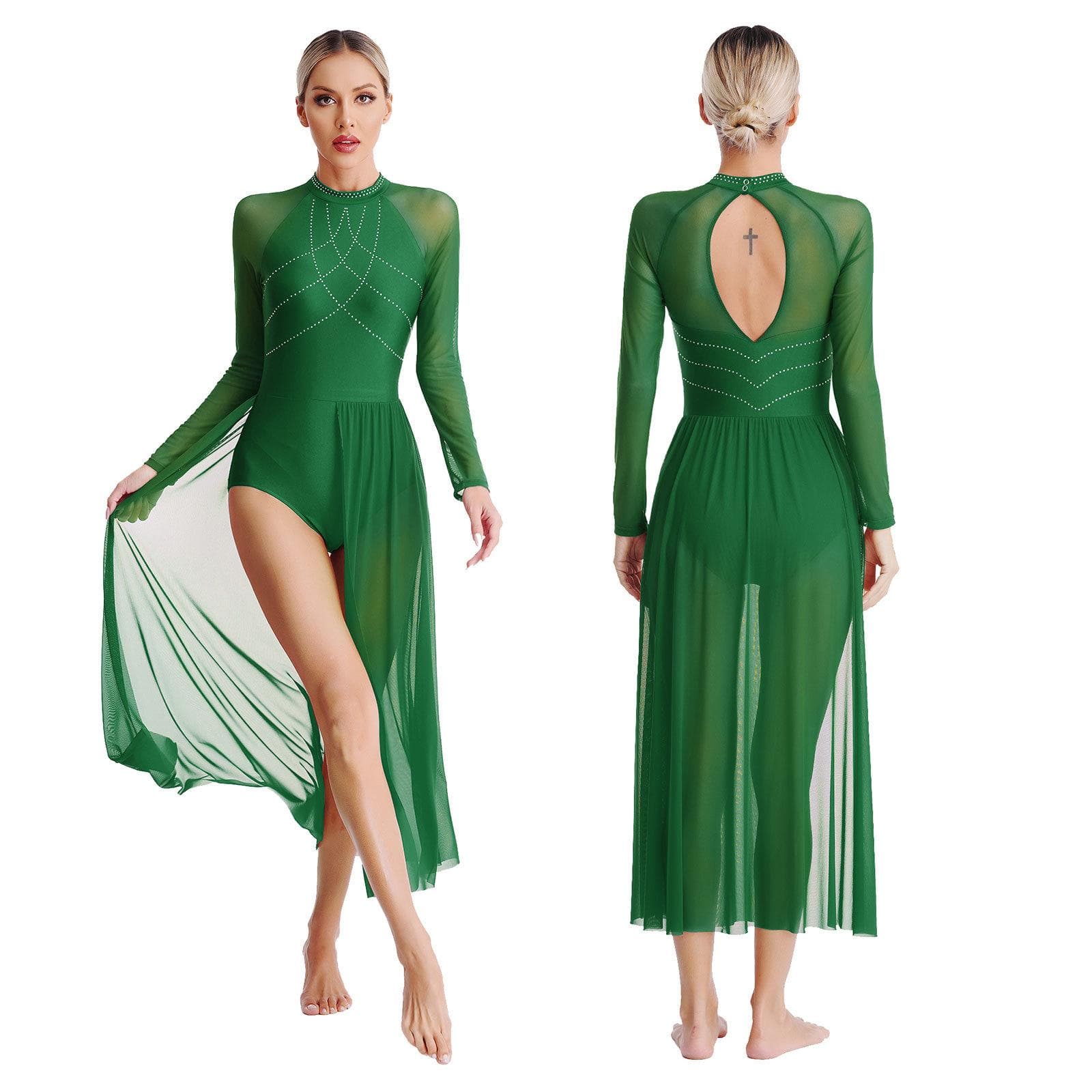 Women Modern Lyrical Dance Dress Rhinestone Gymnastics Leotard Split Maxi Dresses Long Sleeve Ballet Stage Performance Dancewear S green