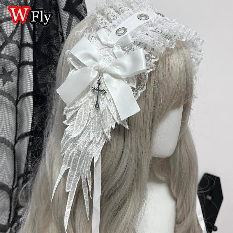 Steampunk Y2K Wing Headwear Bow Headband Lolita Gothic Dark Angel Headwear and Hair Accessories white