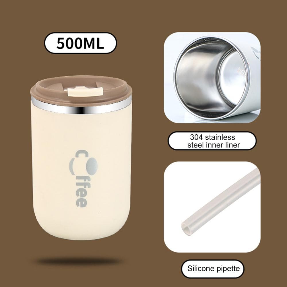 500ml Stainless Steel Thermos Cups Coffee Thermal Mug with Straw Leak Proof Travel Car Flask Insulated Cup Milk Tea Water Bottle 500ml beige