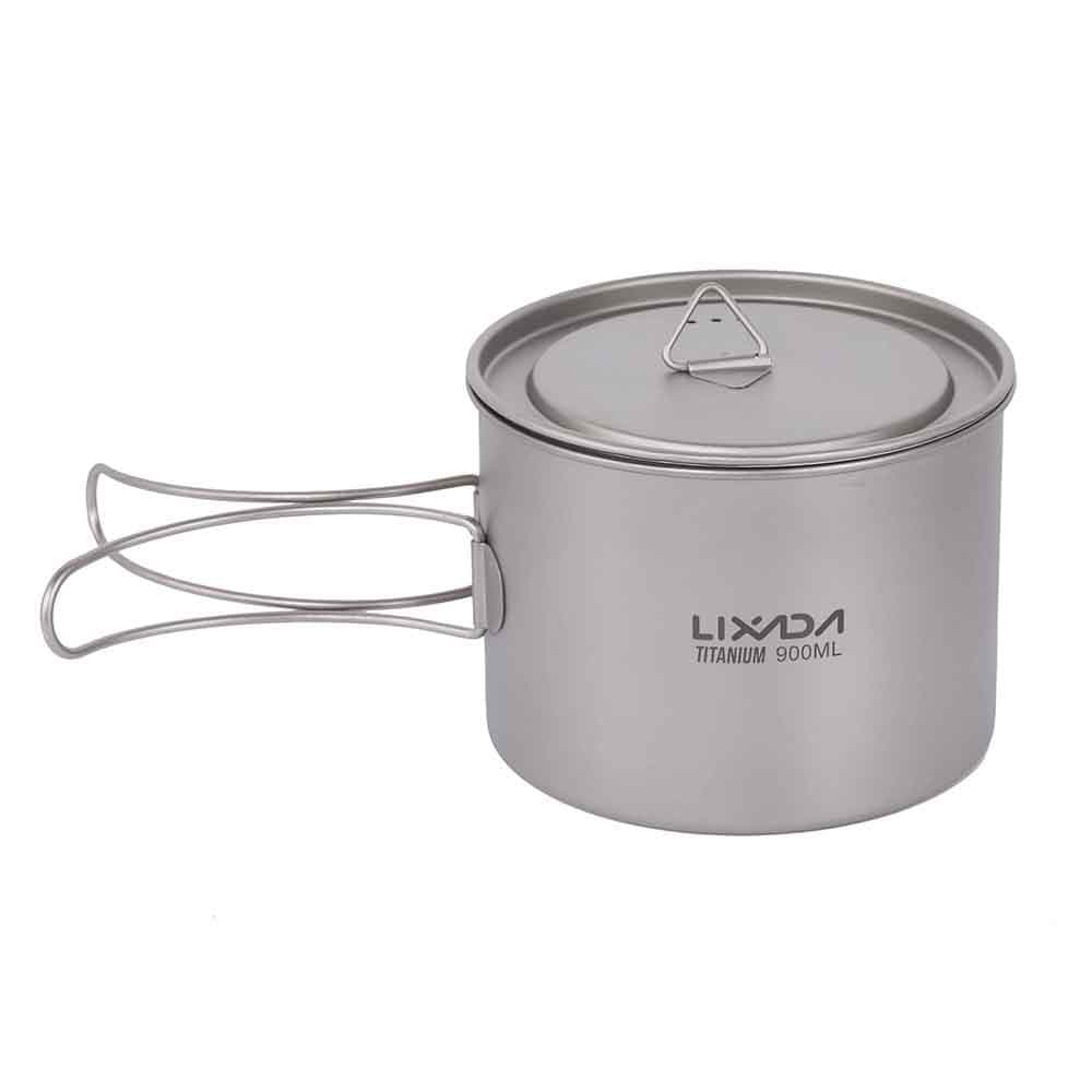 Lixada 1600ml Titanium Pot Ultralight Portable Hanging Pot with Lid and Foldable Handle Outdoor Cup , 900ml